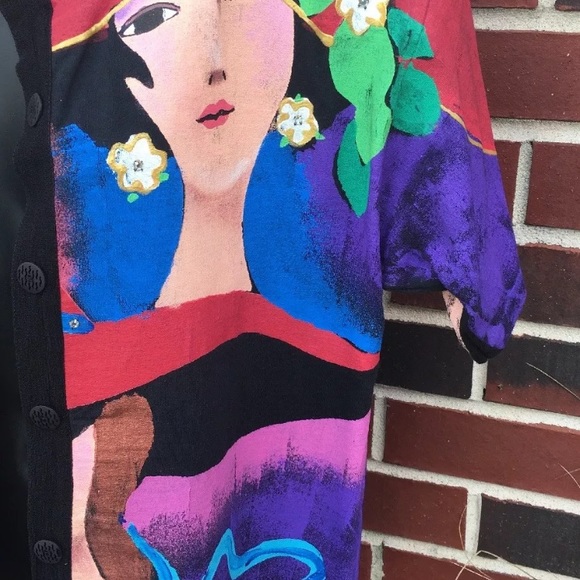 Kolorway Vintage Handpainted Ladies Floral Top Jacket Short Sleeves Red Hat Lady - Picture 2 of 6